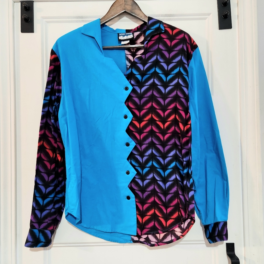 Vtg Cheyenne Outfitters Womens S Colorblock Western Shirt Button Up USA Blue